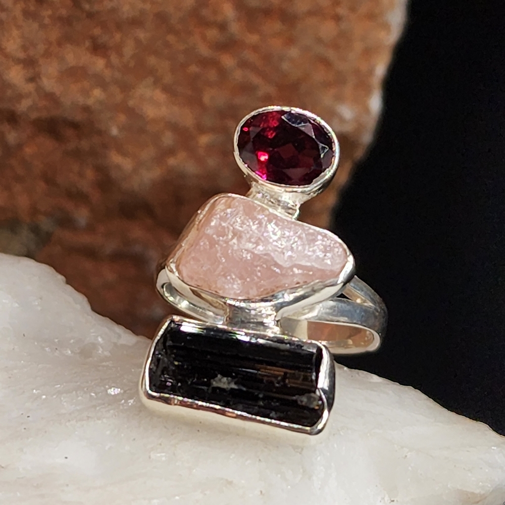 Solid Sterling 925 Silver Ring Garnet Gem Tourmaline Rose Quartz Stone